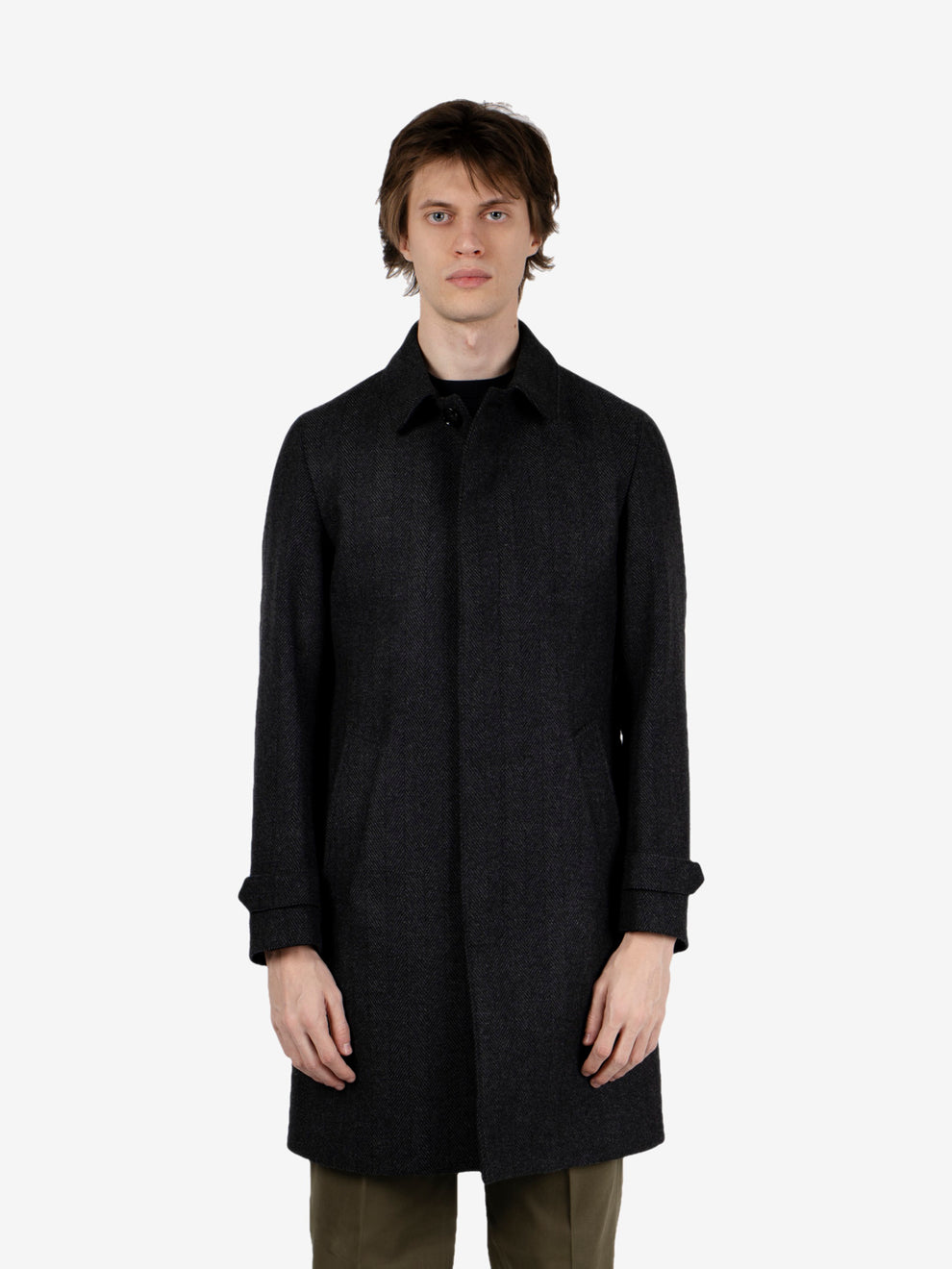 Dark grey long raglan-sleeve spined coat