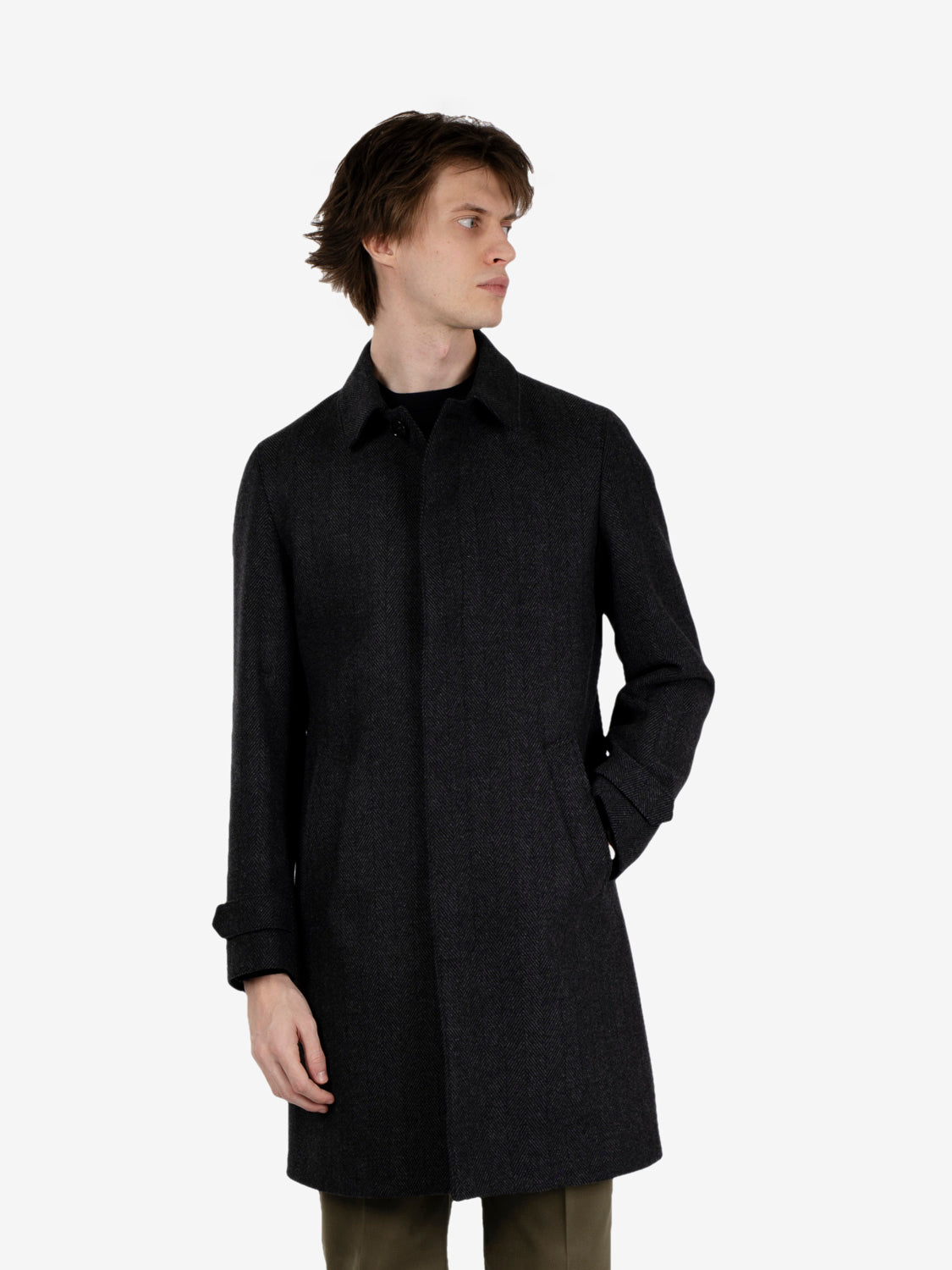 Dark grey long raglan-sleeve spined coat