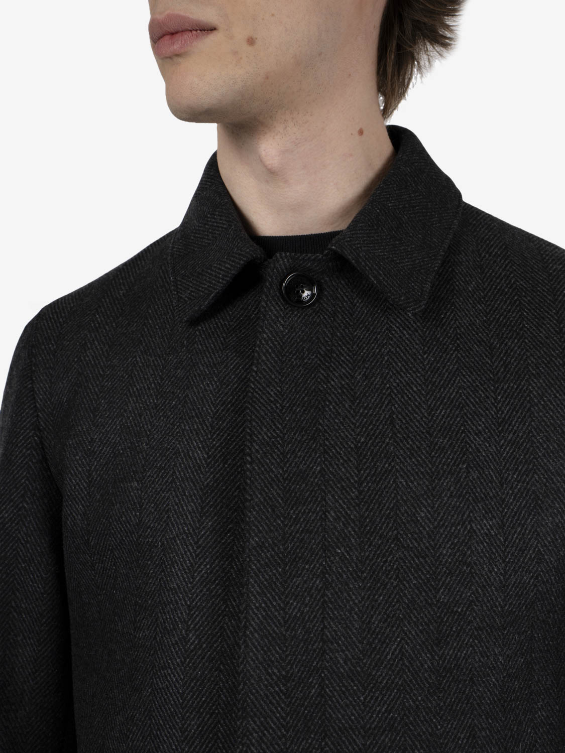 Dark grey long raglan-sleeve spined coat