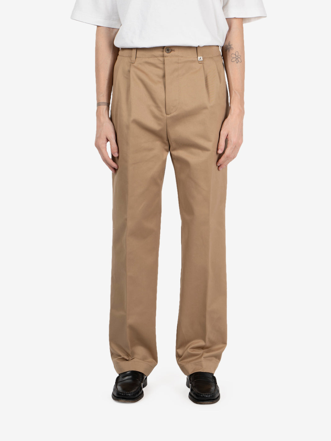 Khaki double-pleated cotton trousers