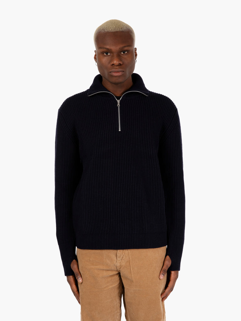 ANDERSEN - Maglione a coste in lana con zip navy blue