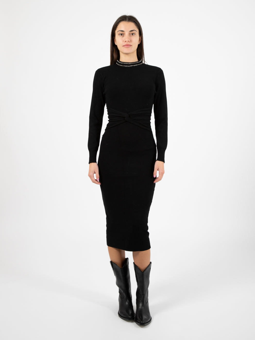 Abito Toscova con nodo e serpentina di strass nero