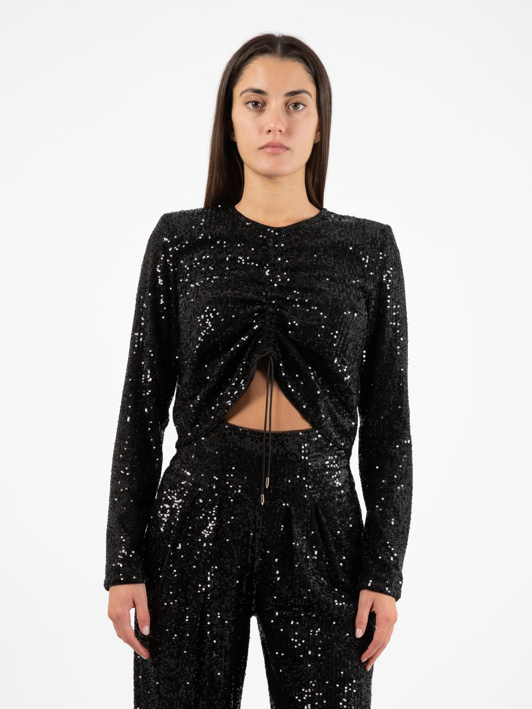 Blusa con coulisse e paillettes nera