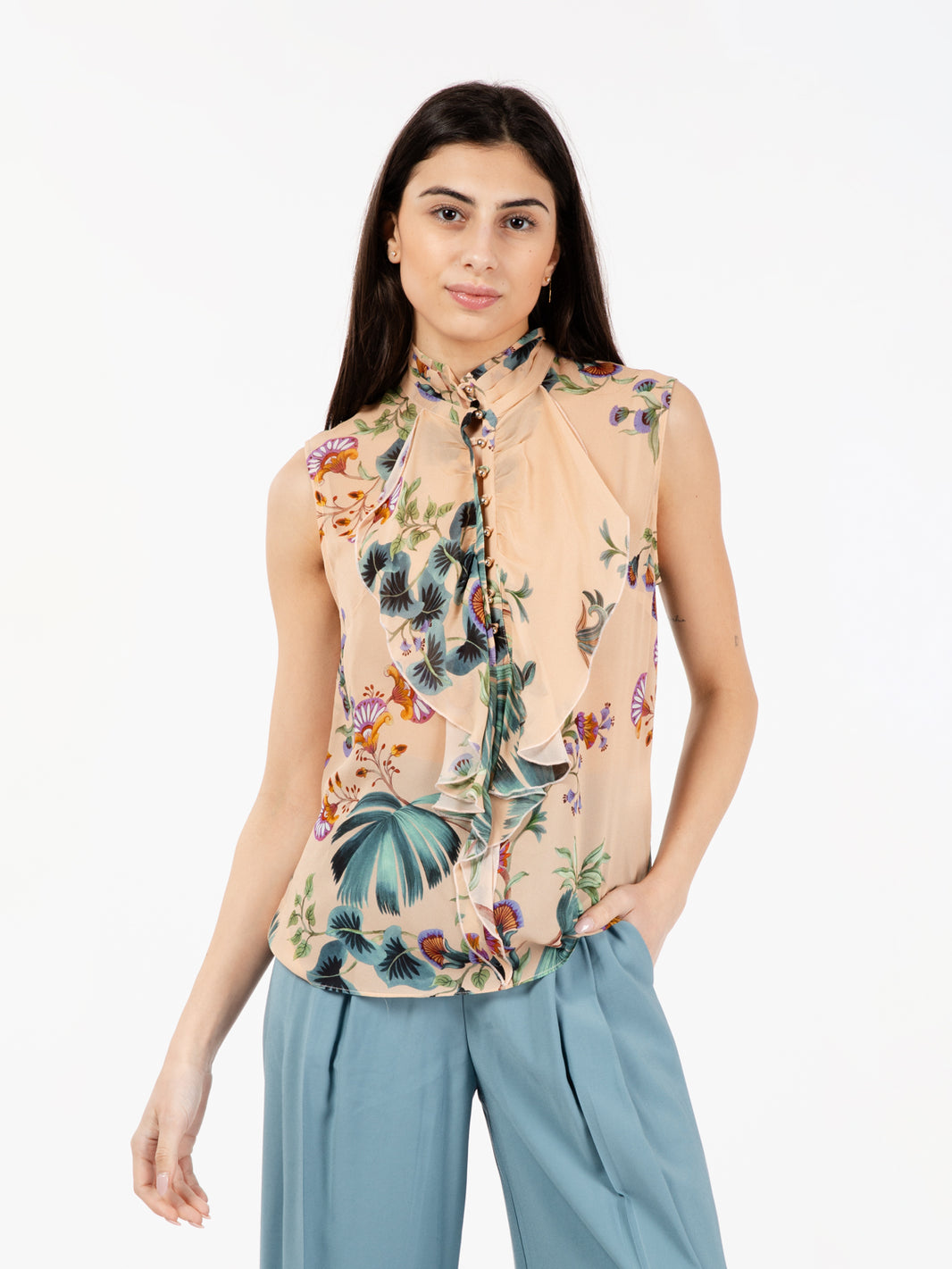 Blusa senza maniche stampa botanica sorbetto