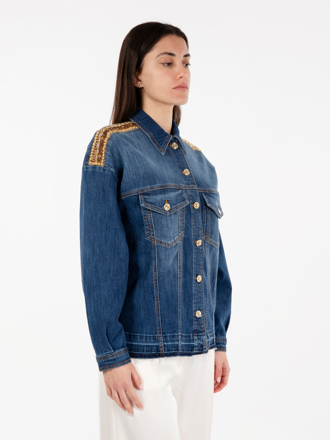 Giacca in denim con ricamo blu medio / oro