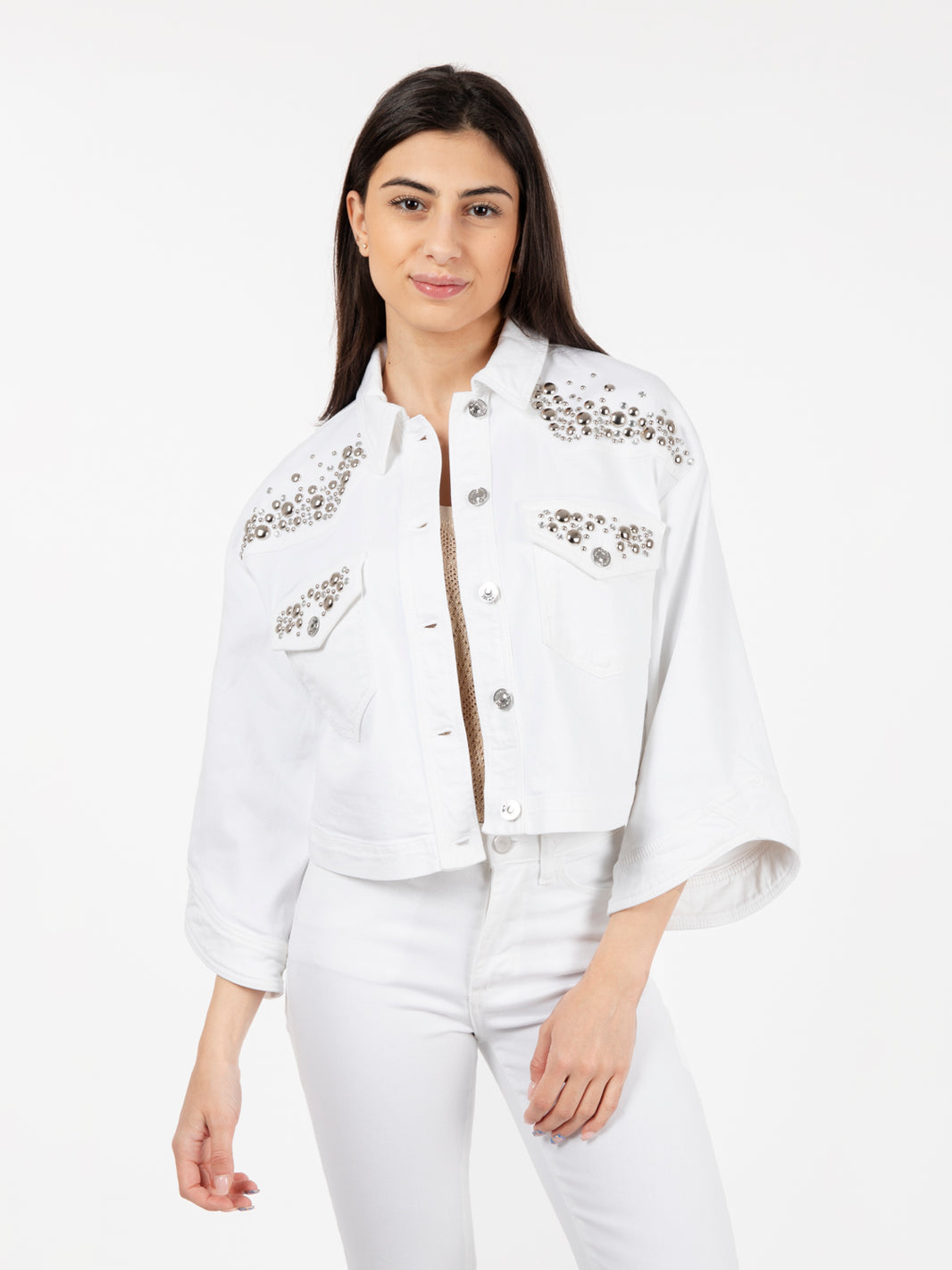 Giubbino in denim con applicazioni bull bianco