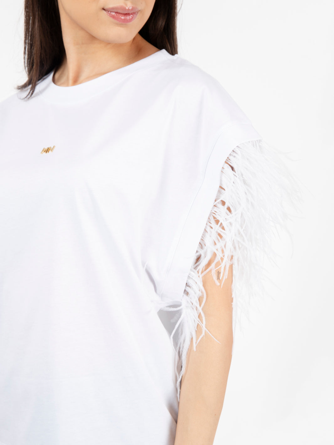 T-shirt jersey con logo e piume bianco