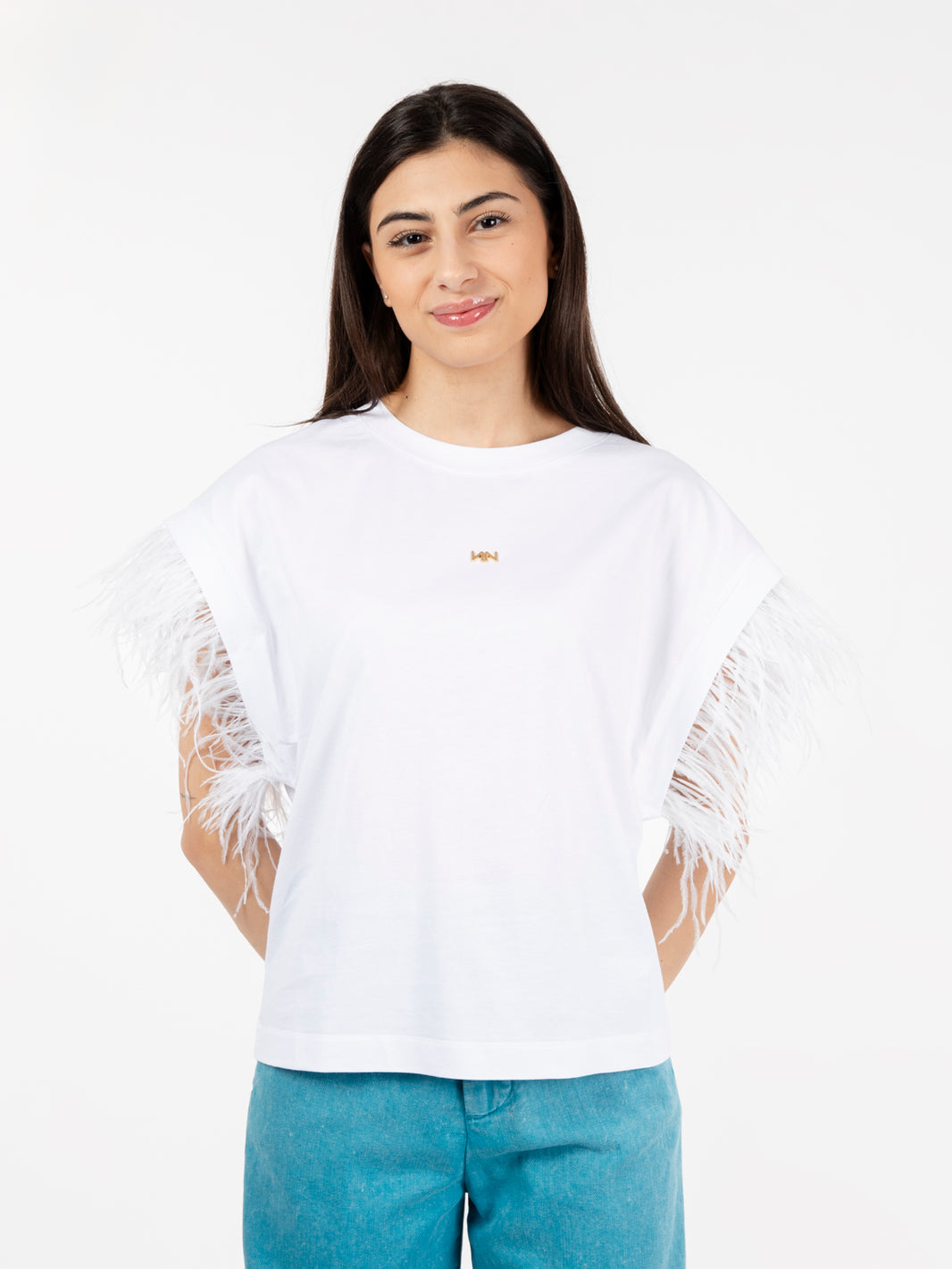 T-shirt jersey con logo e piume bianco