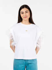 NENETTE - T-shirt jersey con logo e piume bianco