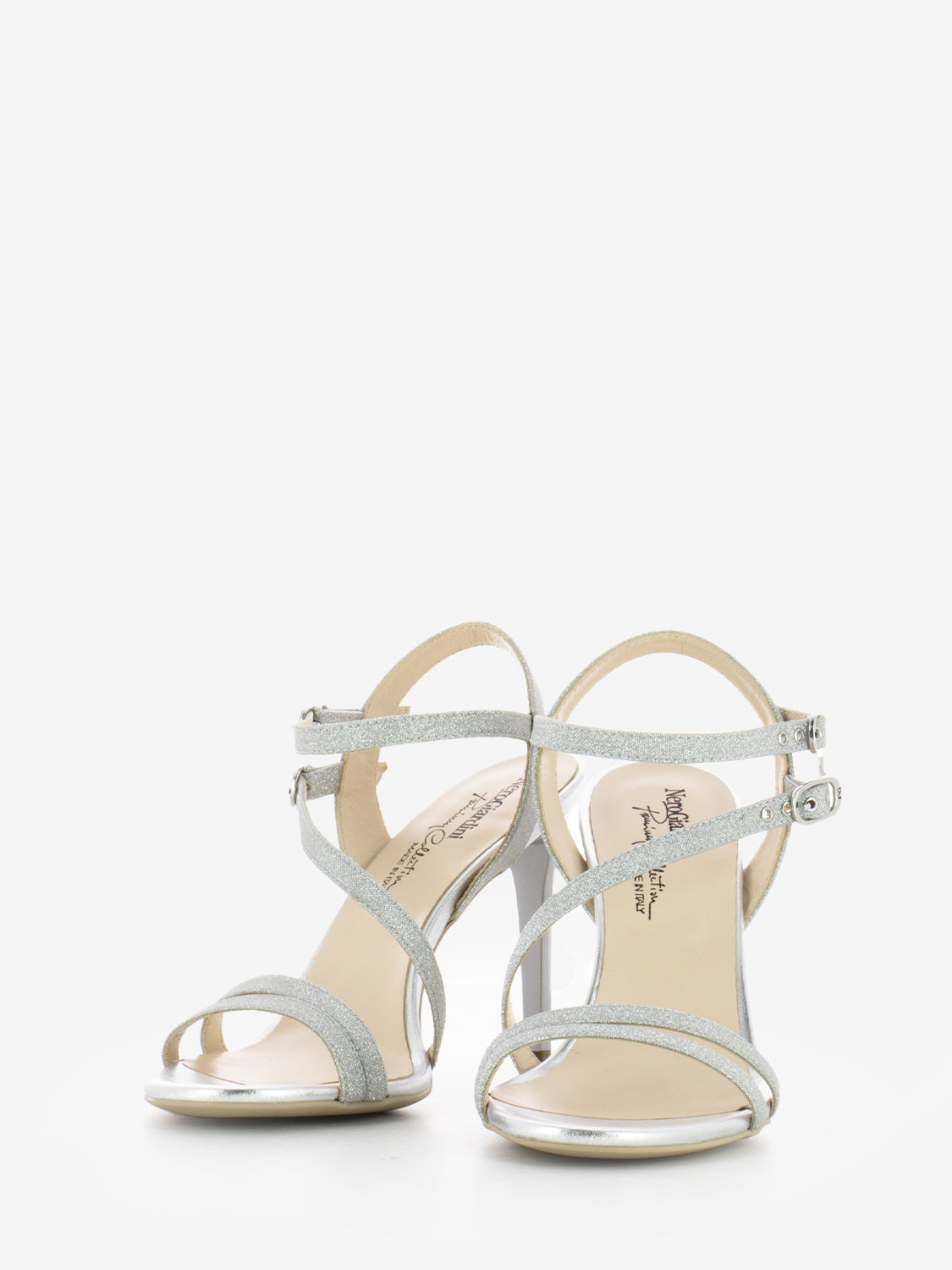 Sandali con tacco argento glitter