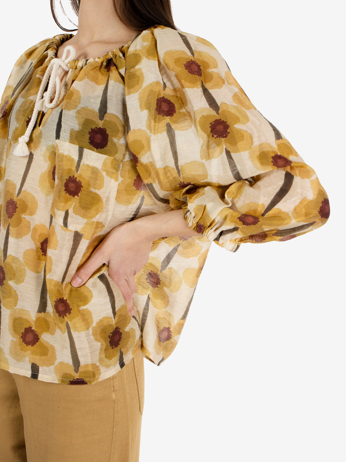 Camicia floreale manica 3/4 khaki / sesamo