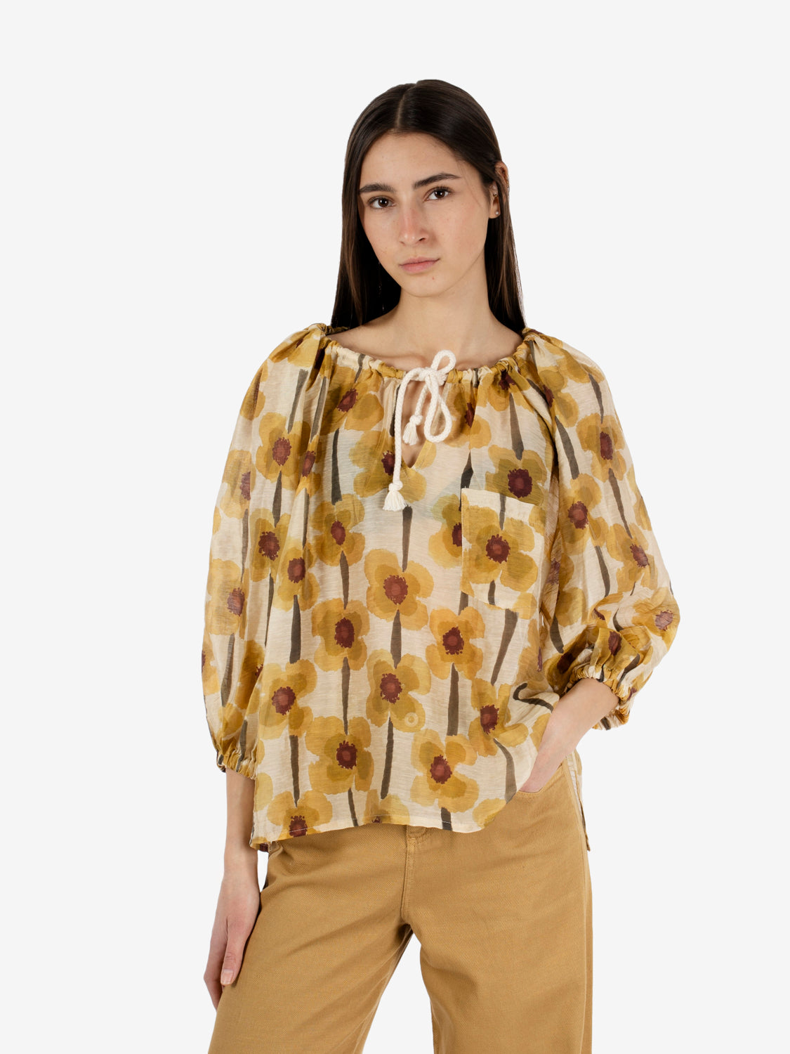 Camicia floreale manica 3/4 khaki / sesamo