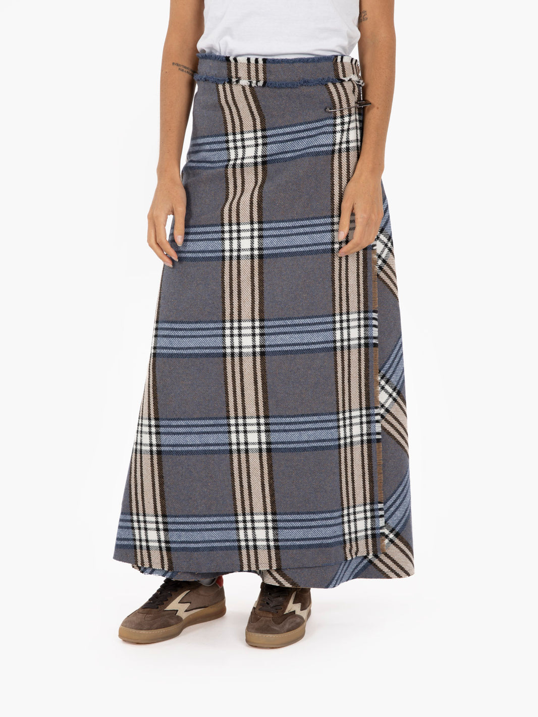 LONG SKIRT WITH FRINGED TARTAN EDGE IN INDIGO/N N-G49-15000_SCO-IN