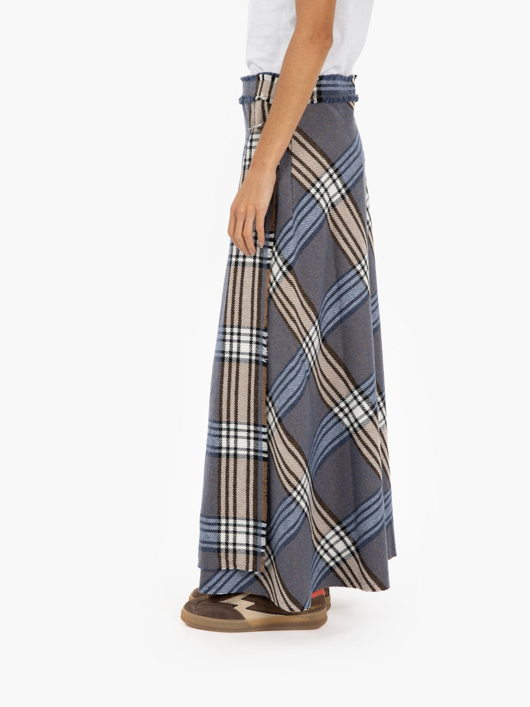 LONG SKIRT WITH FRINGED TARTAN EDGE IN INDIGO/N N-G49-15000_SCO-IN