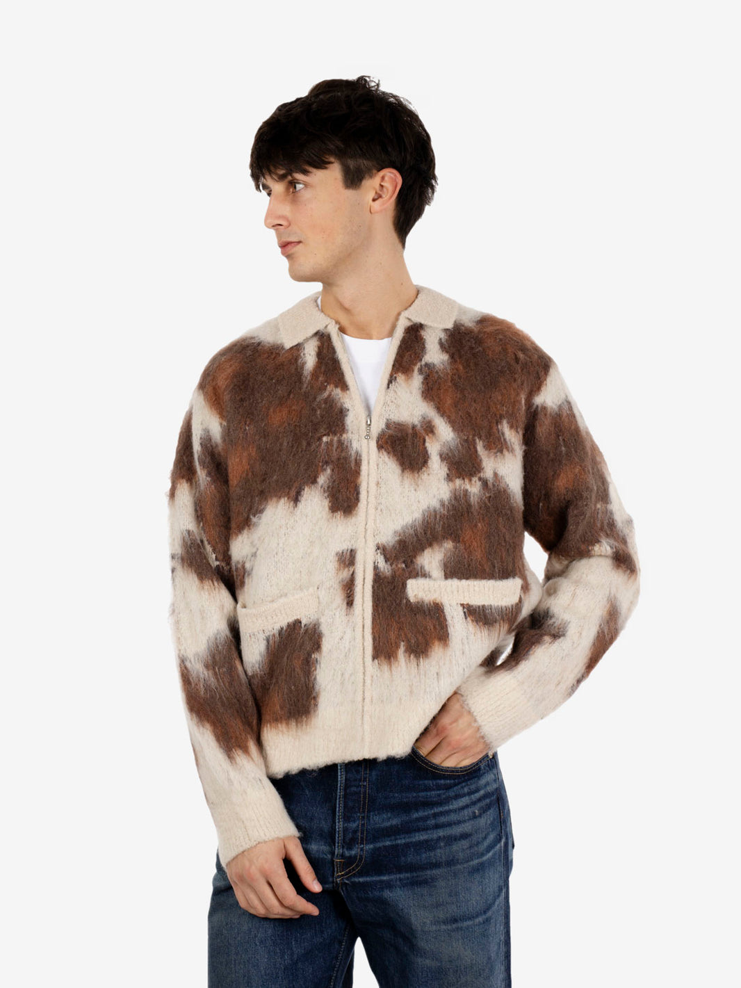 Cow pattern zip sweather marrone