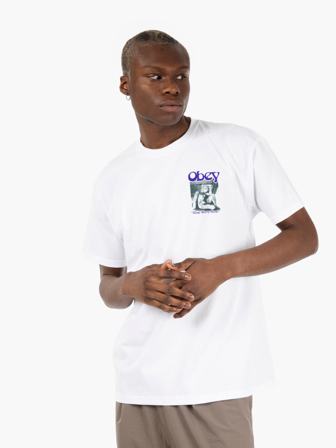 "Stop worrying now" white tee