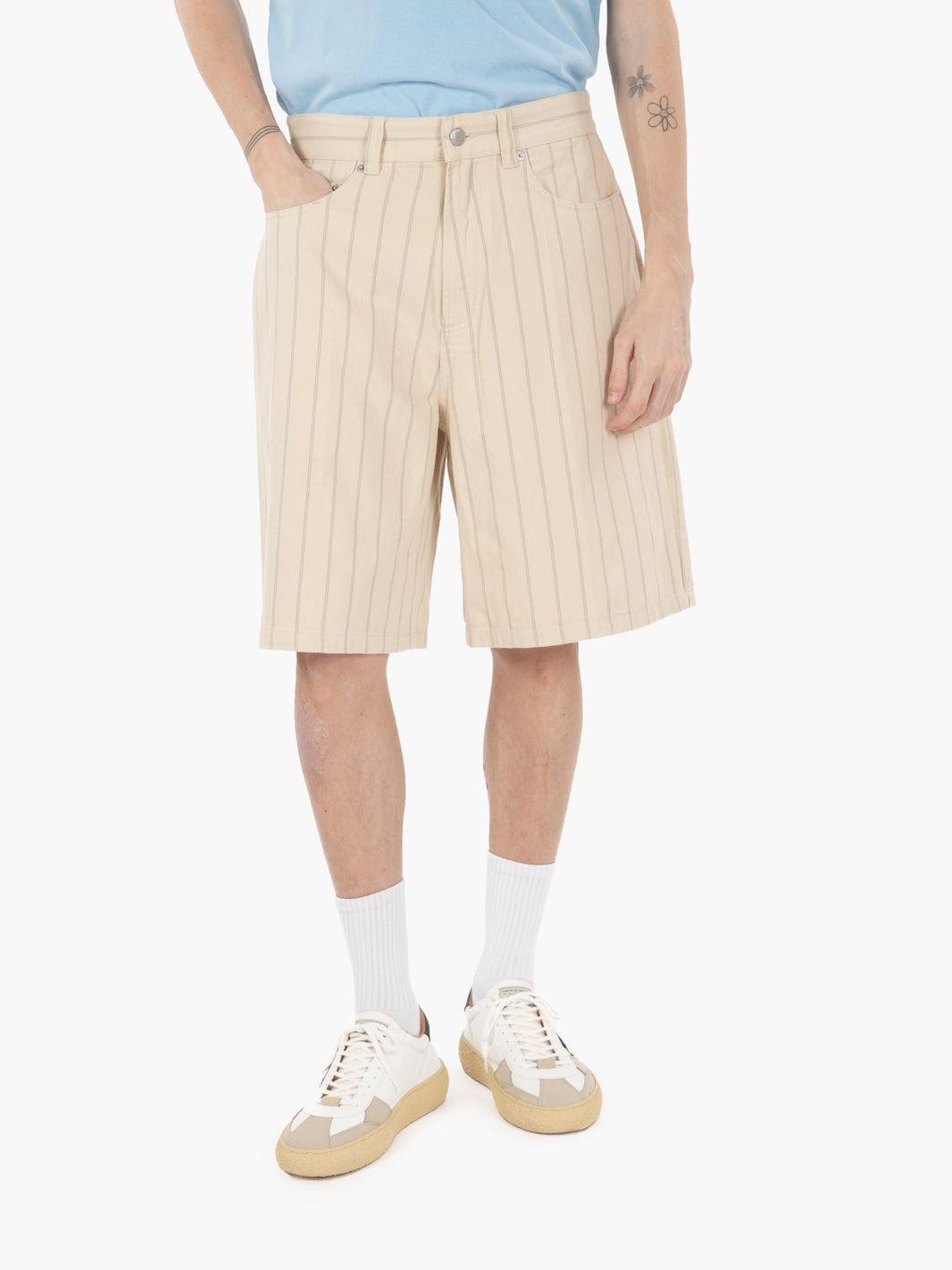 Stripe baggy denim short pelican