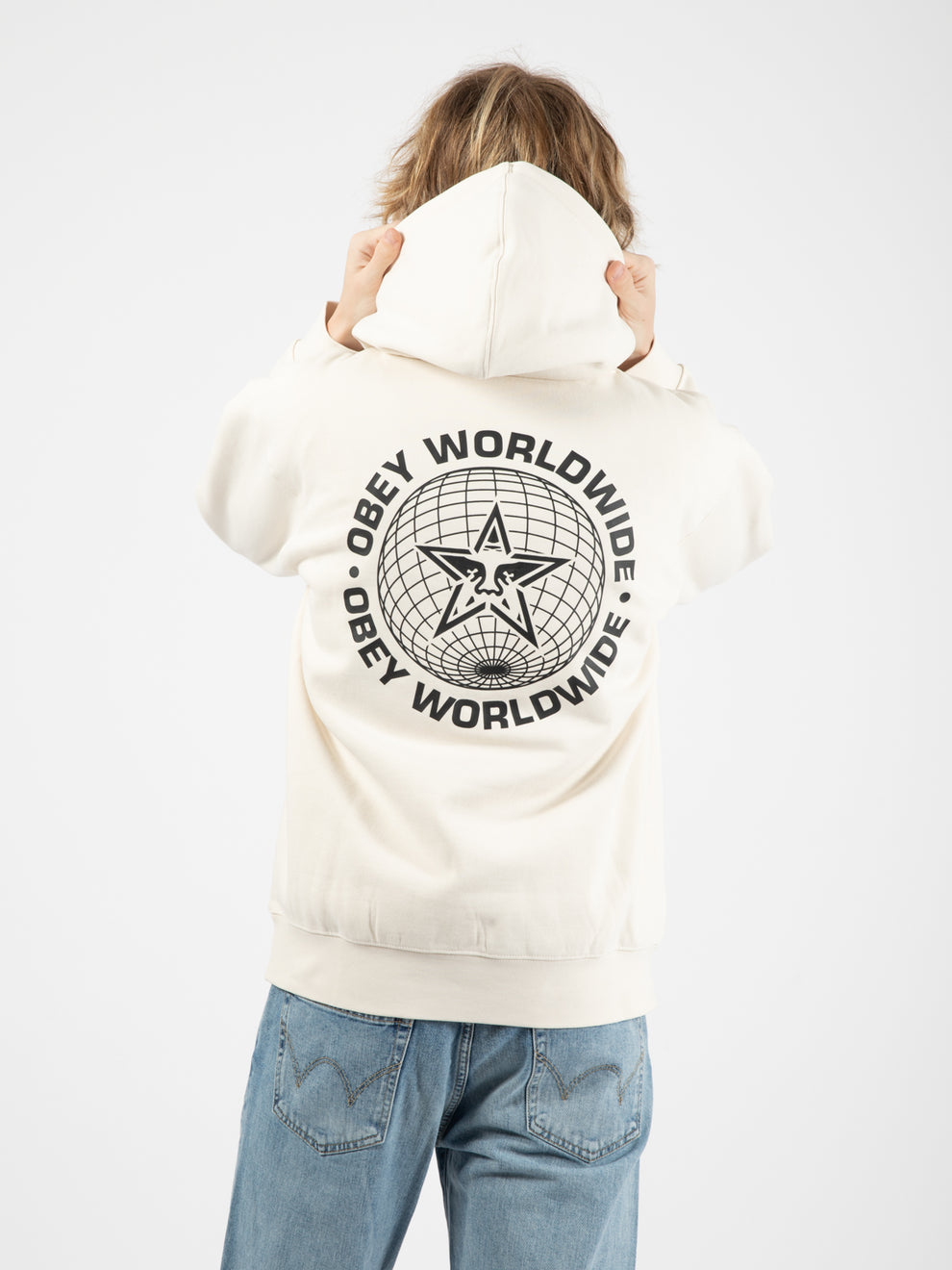 Worlwide globe premium hooded fleece unbleached