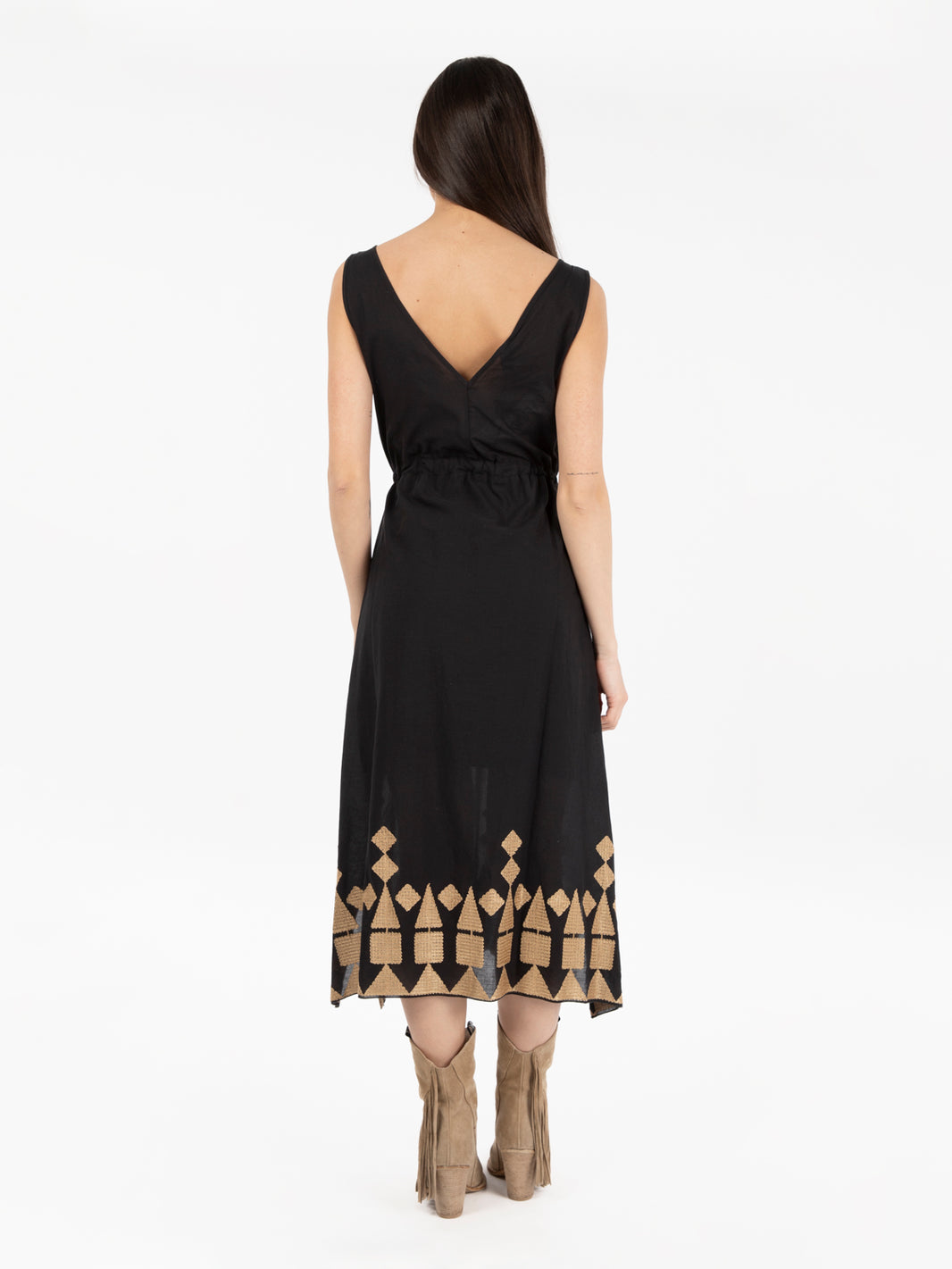 Abito midi in cotone nero / cammello
