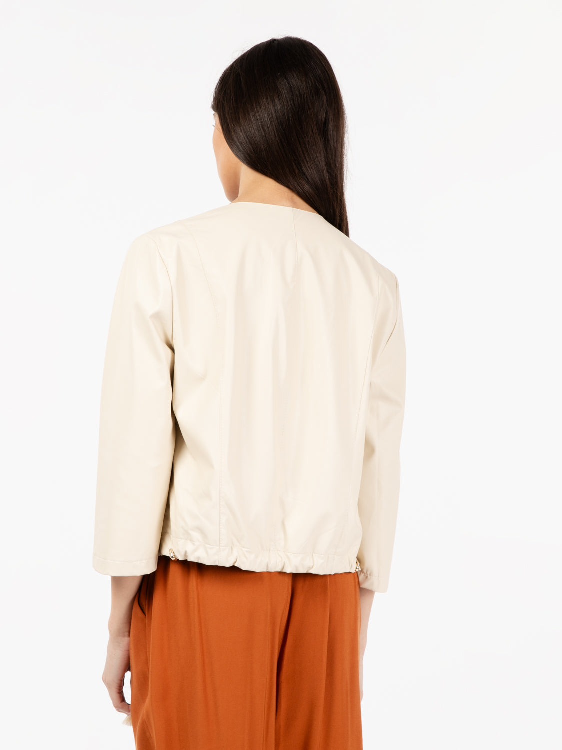 Beige round neck faux leather jacket