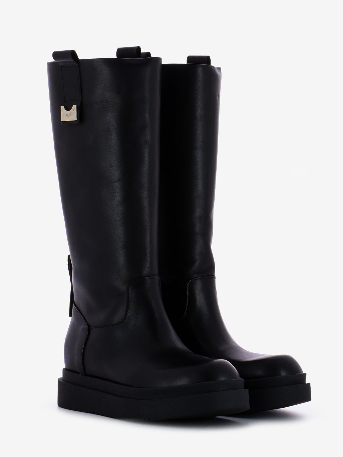 Stivale platform con dettaglio logo oro / nero