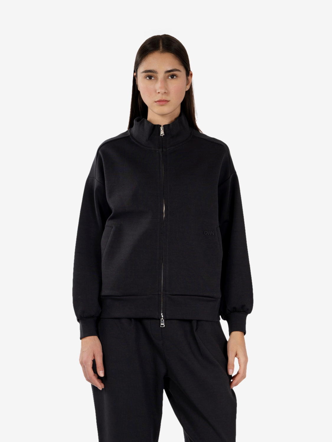 Felpa collo alto e zip nero