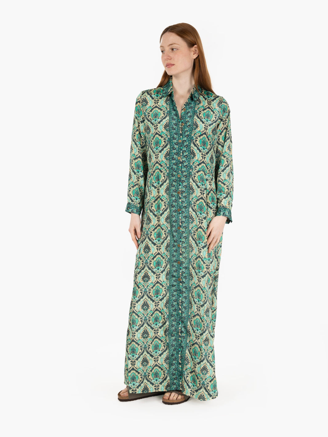 Long green patterned chemisier dress