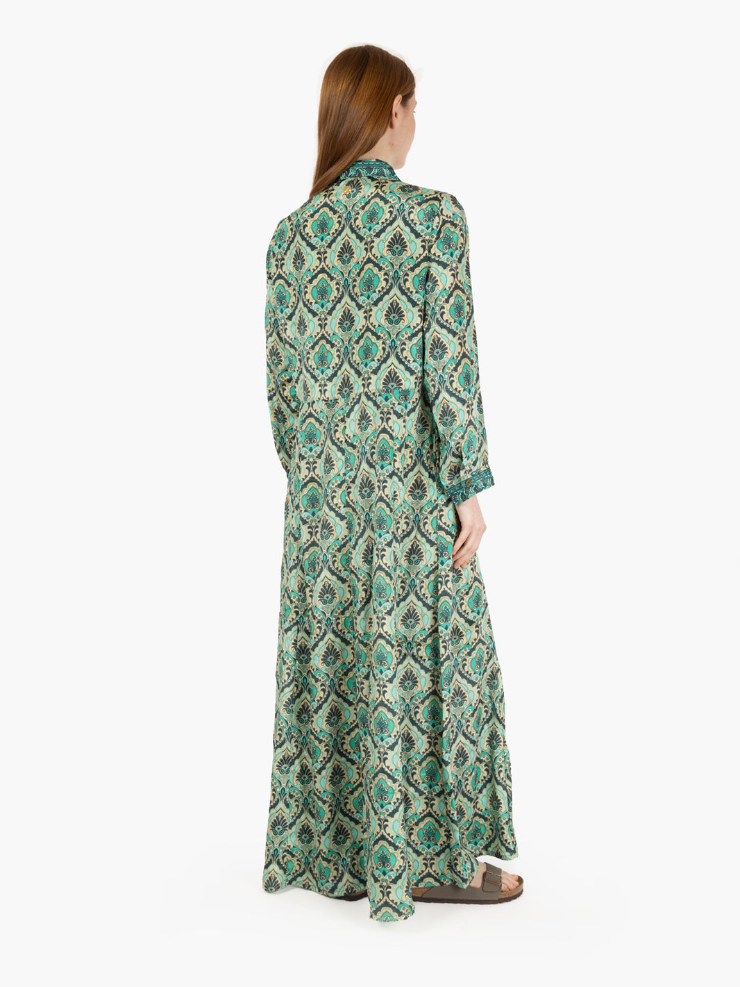 Long green patterned chemisier dress