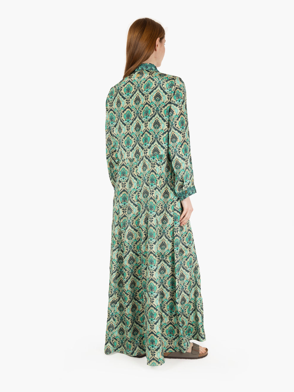 Long green patterned chemisier dress