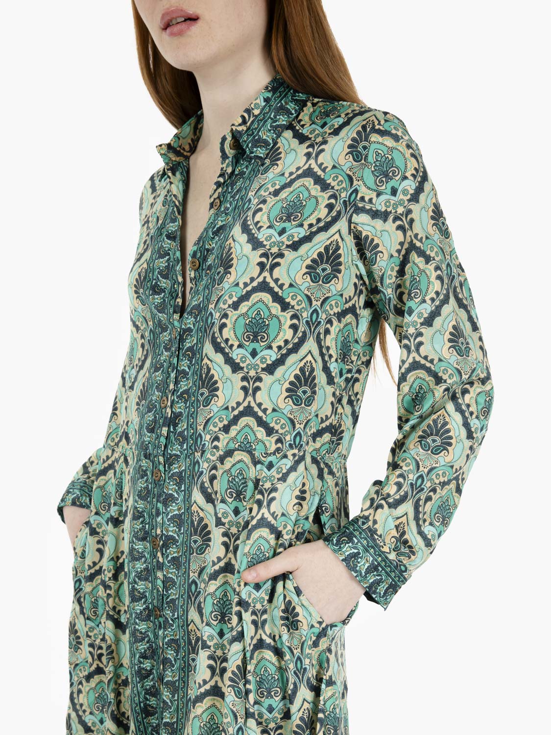 Long green patterned chemisier dress