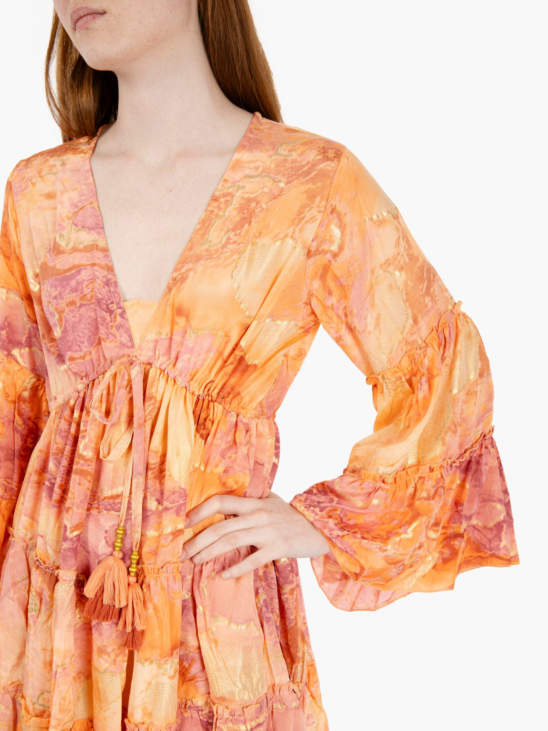 Orange long sleeve ruffled short dress