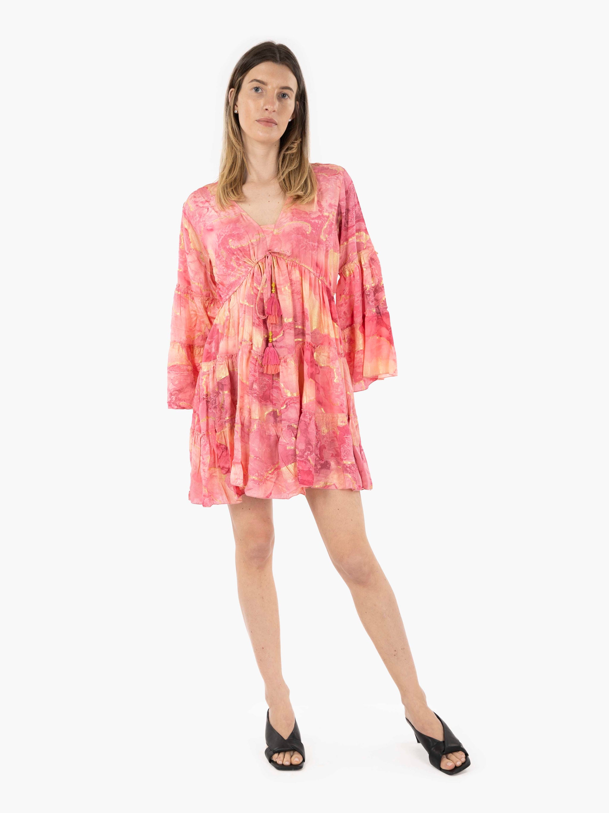 Pink long sleeve ruffled short dress
