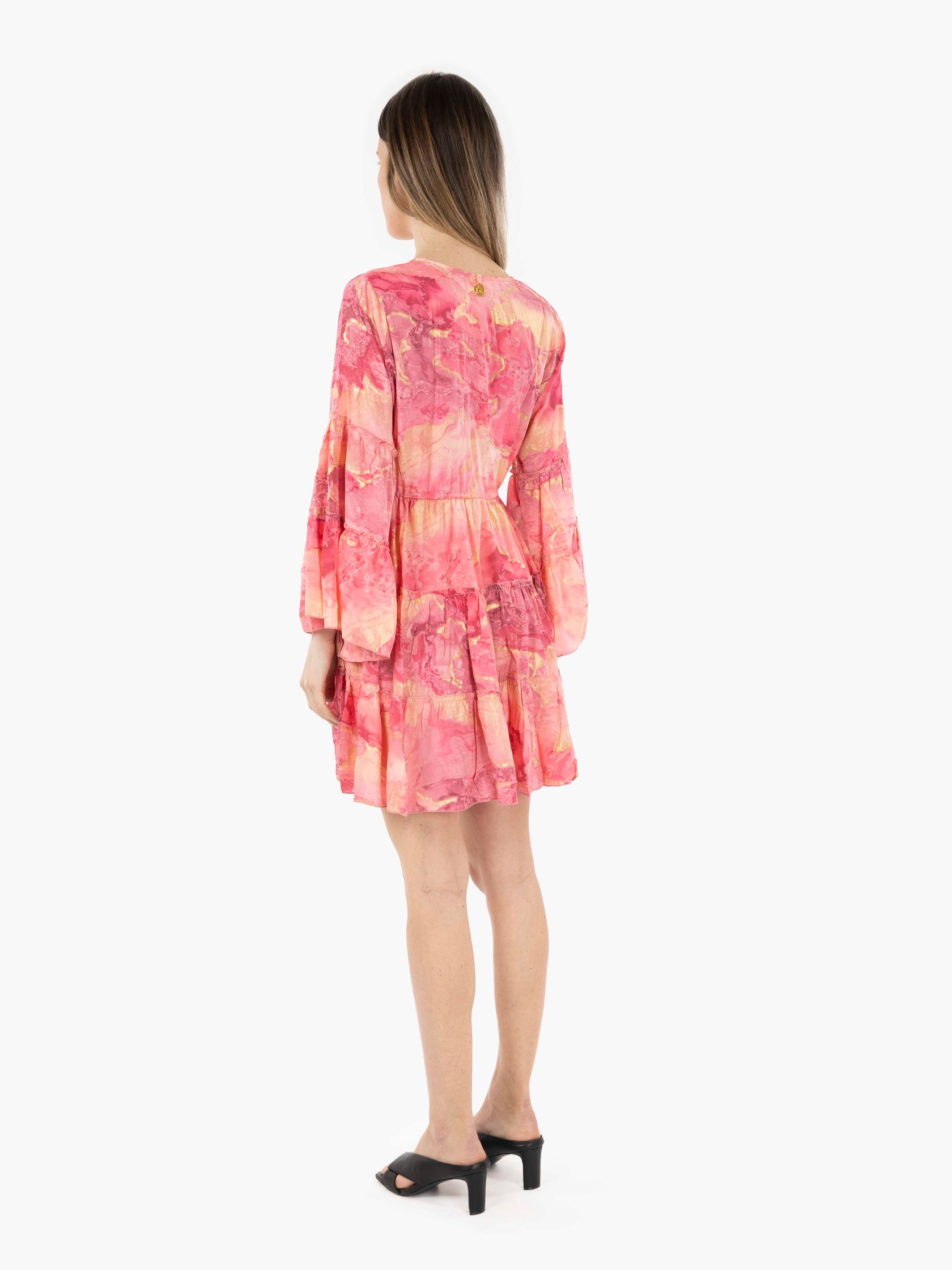Pink long sleeve ruffled short dress