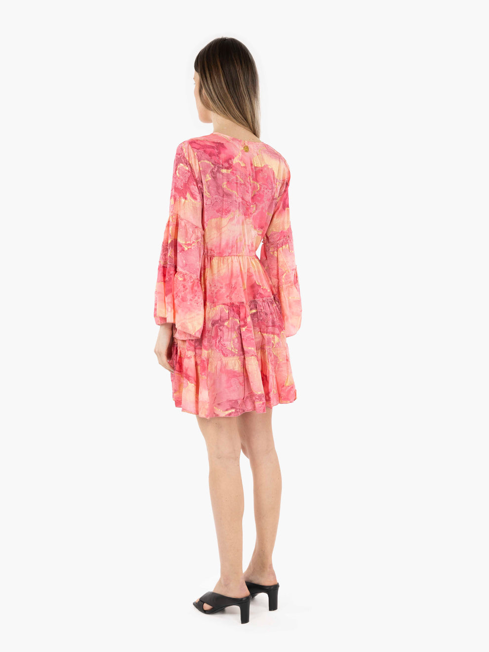 Pink long sleeve ruffled short dress