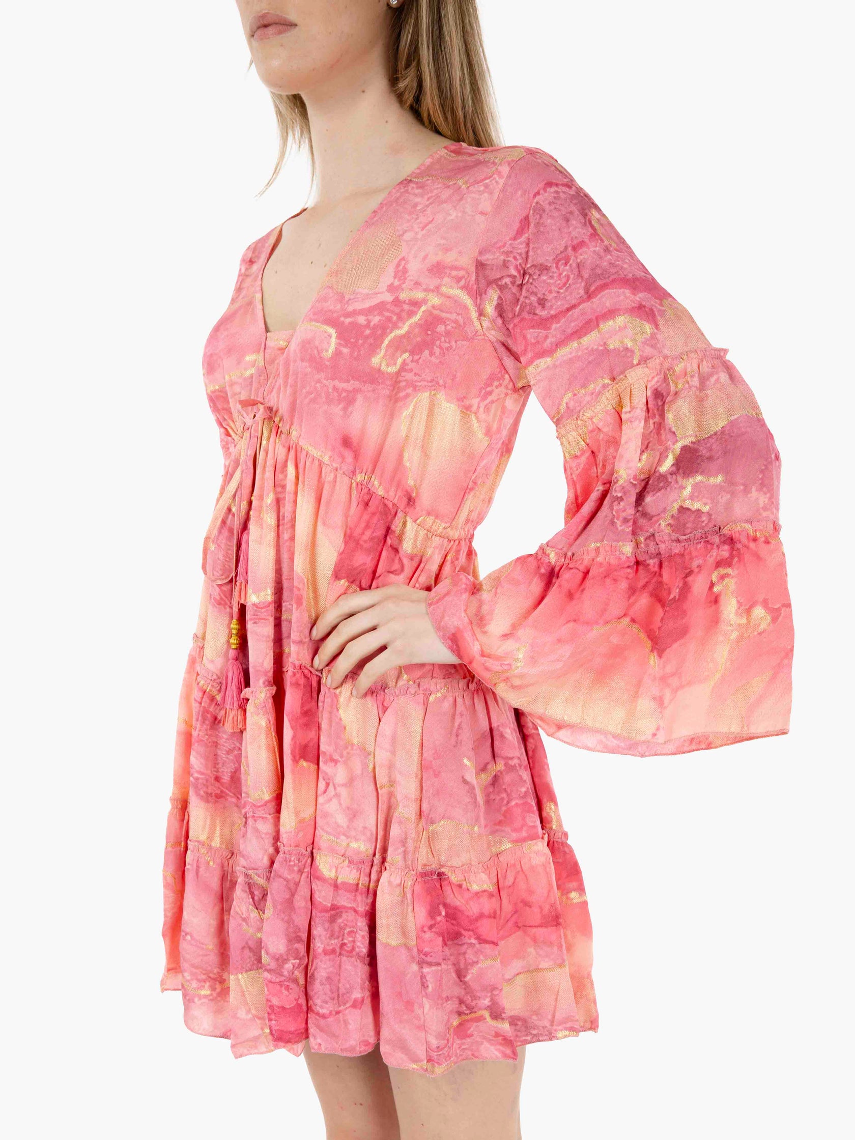 Pink long sleeve ruffled short dress