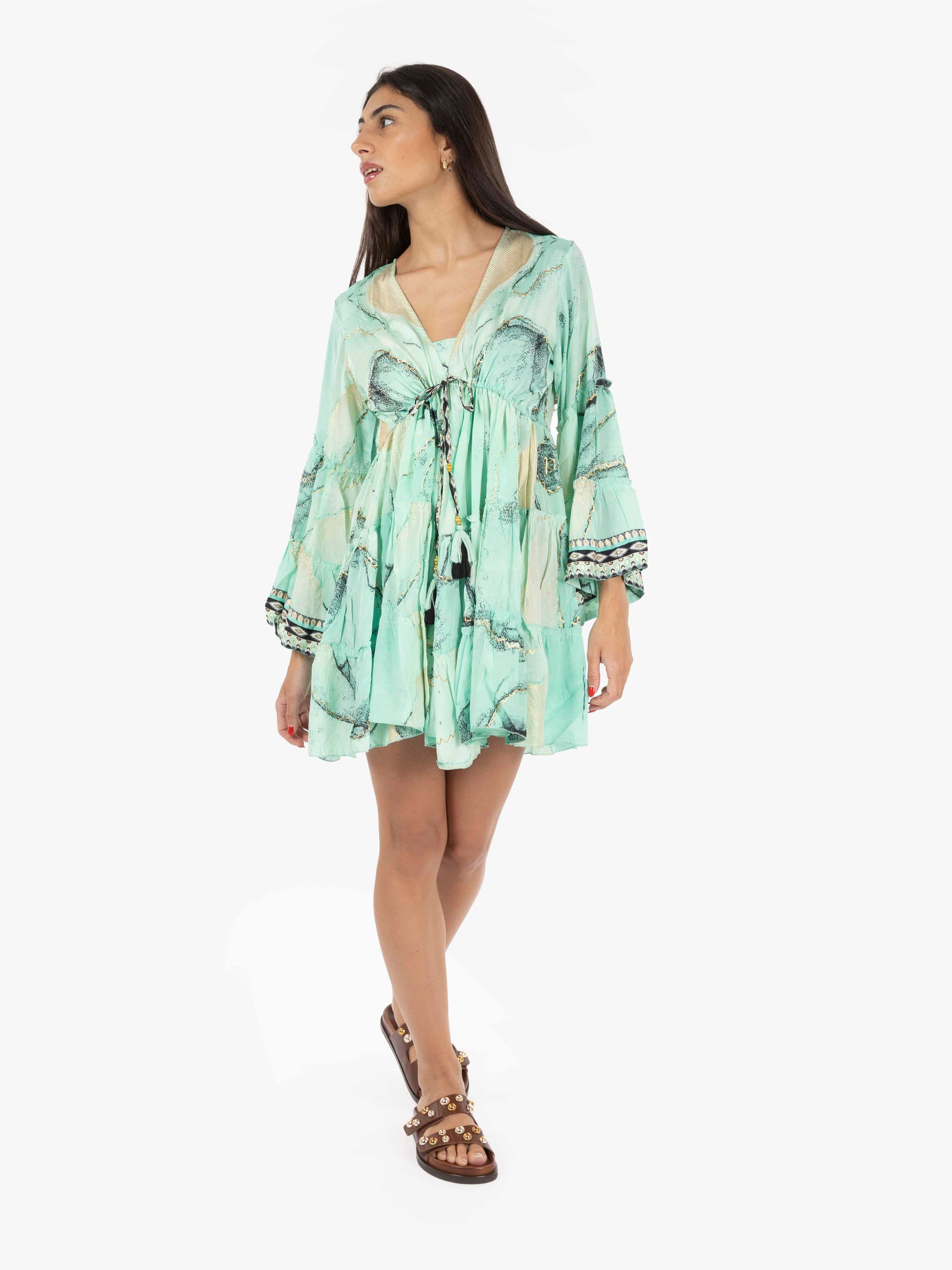 Green long sleeve ruffled short dress