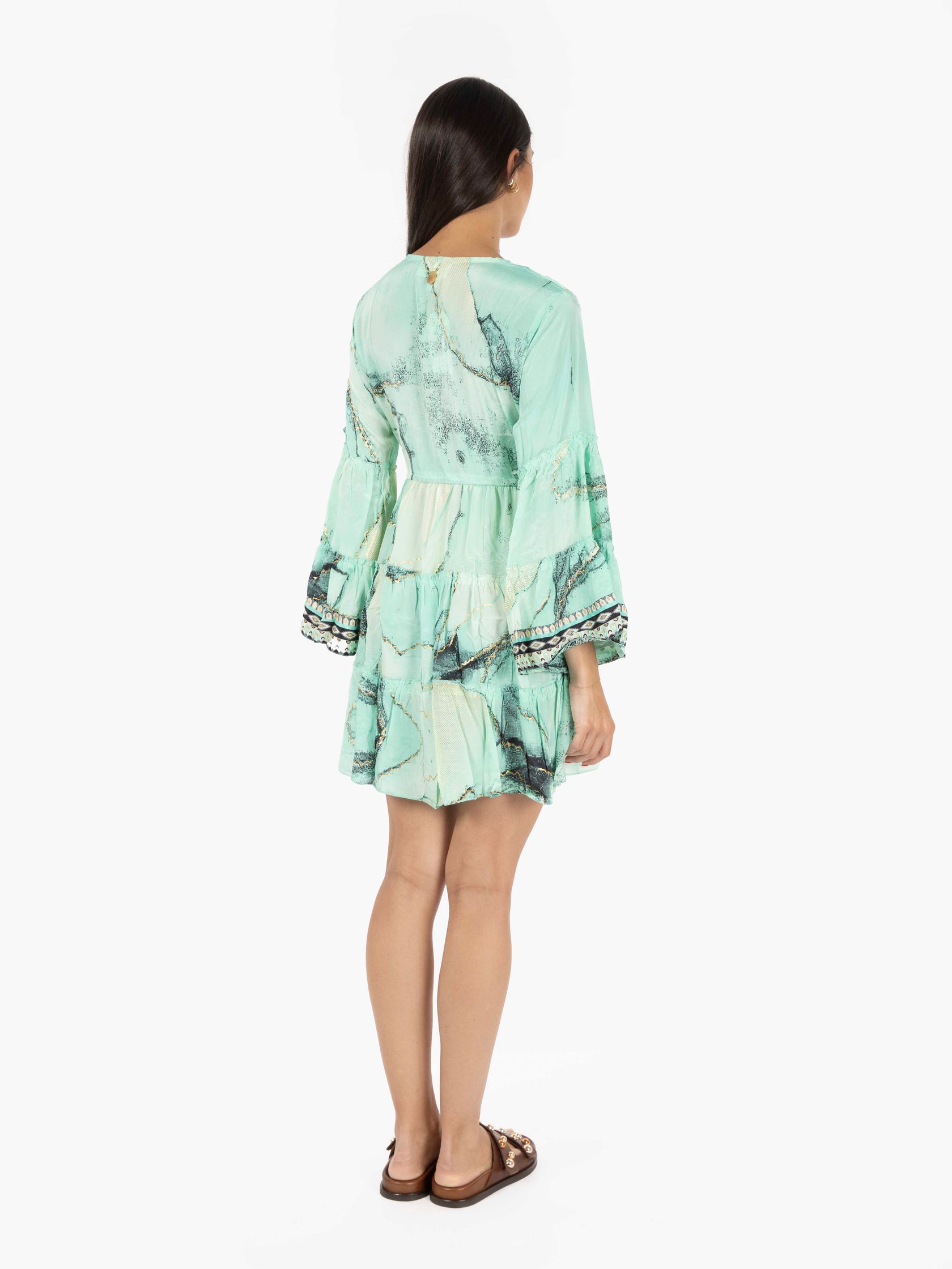 Green long sleeve ruffled short dress