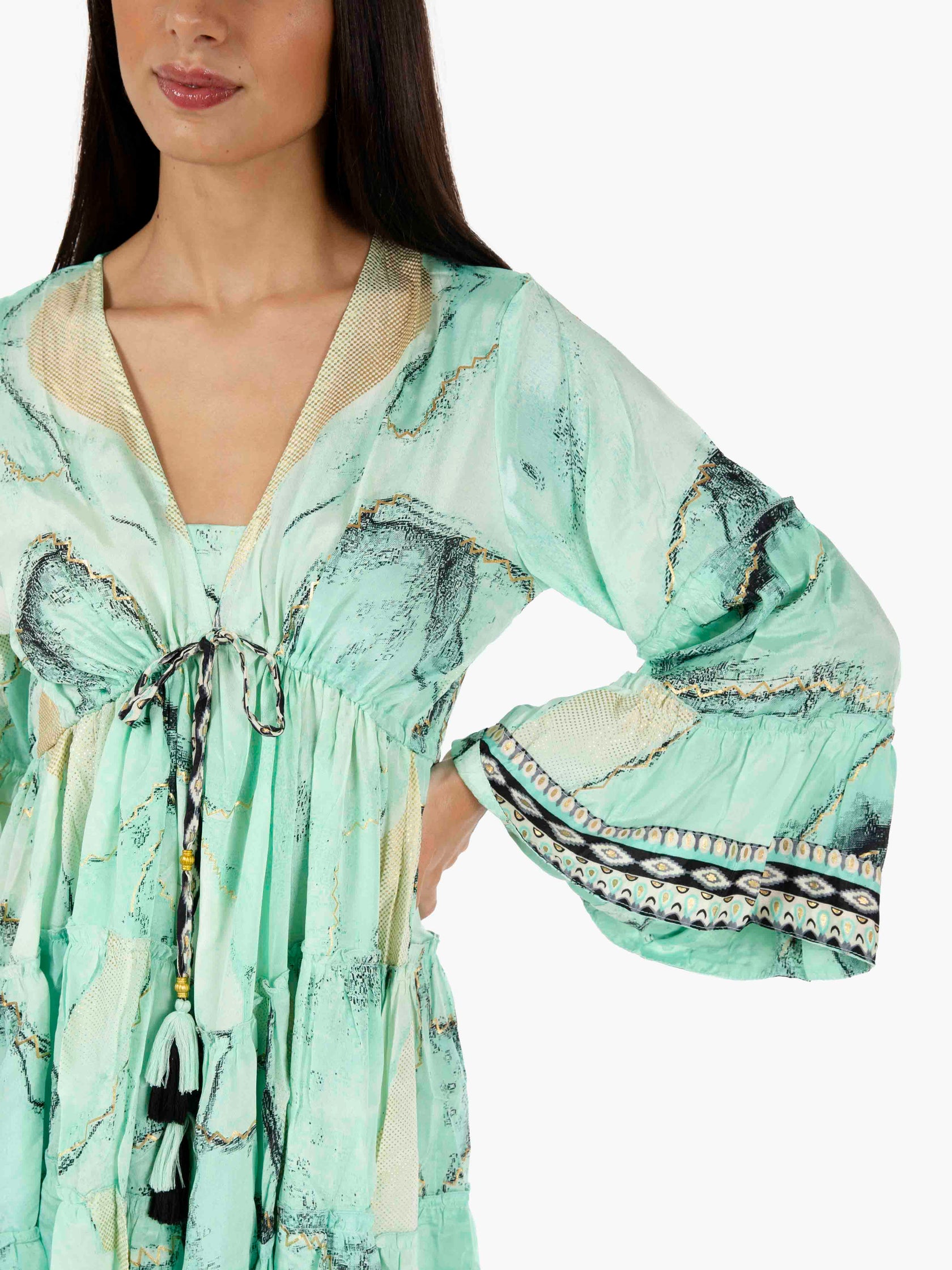 Green long sleeve ruffled short dress