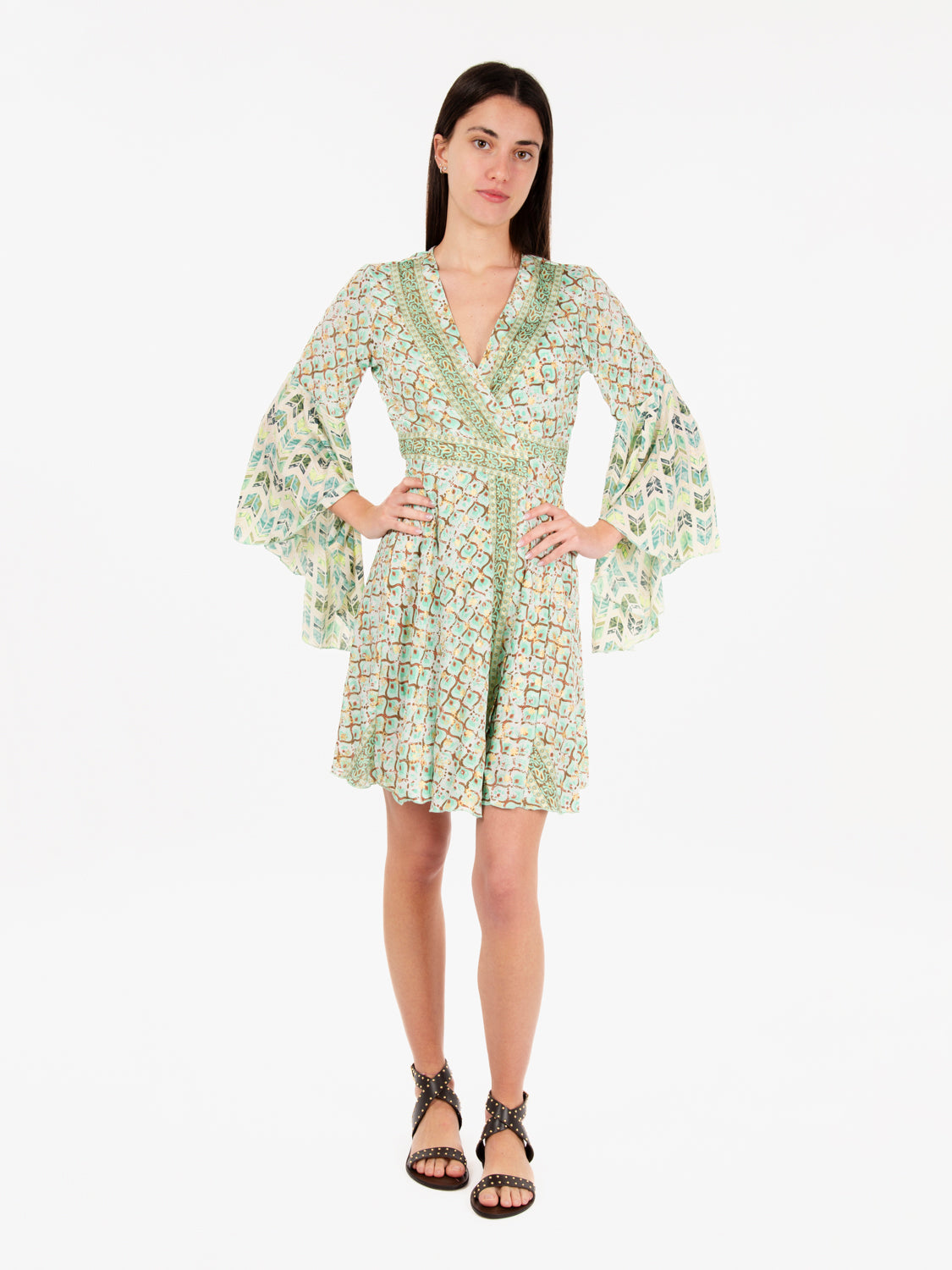 Green Print Wrap Short Dress