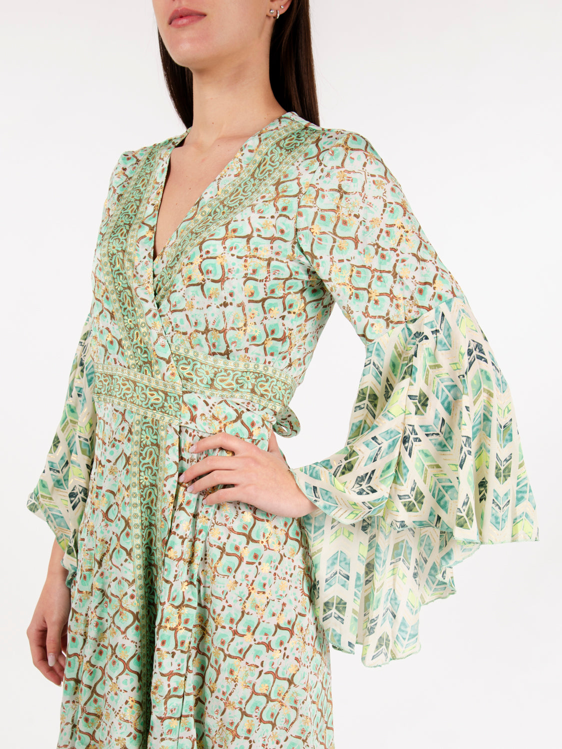 Green Print Wrap Short Dress