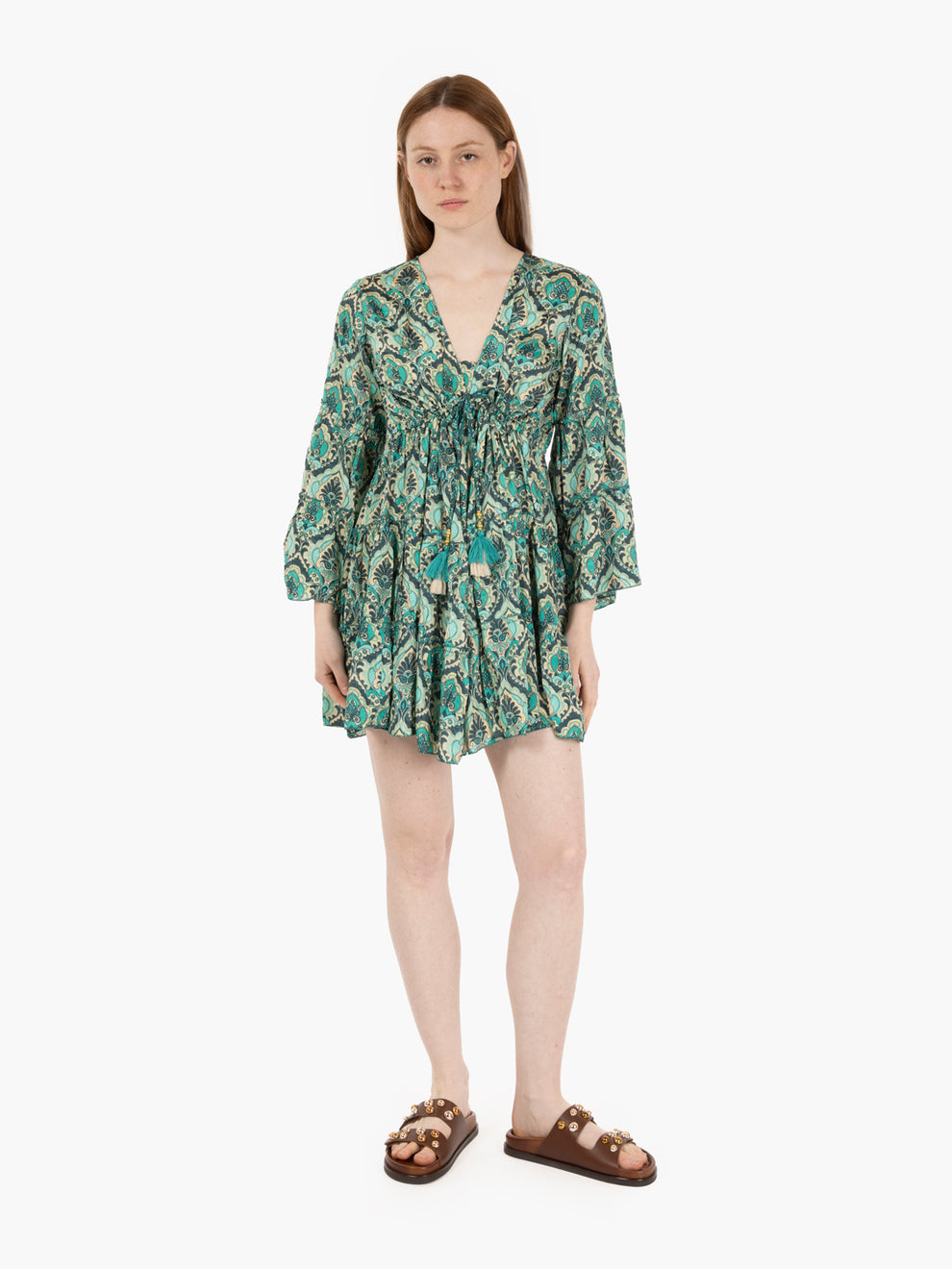 Short dress in green patterned silk