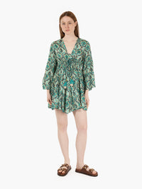 Short dress in green patterned silk