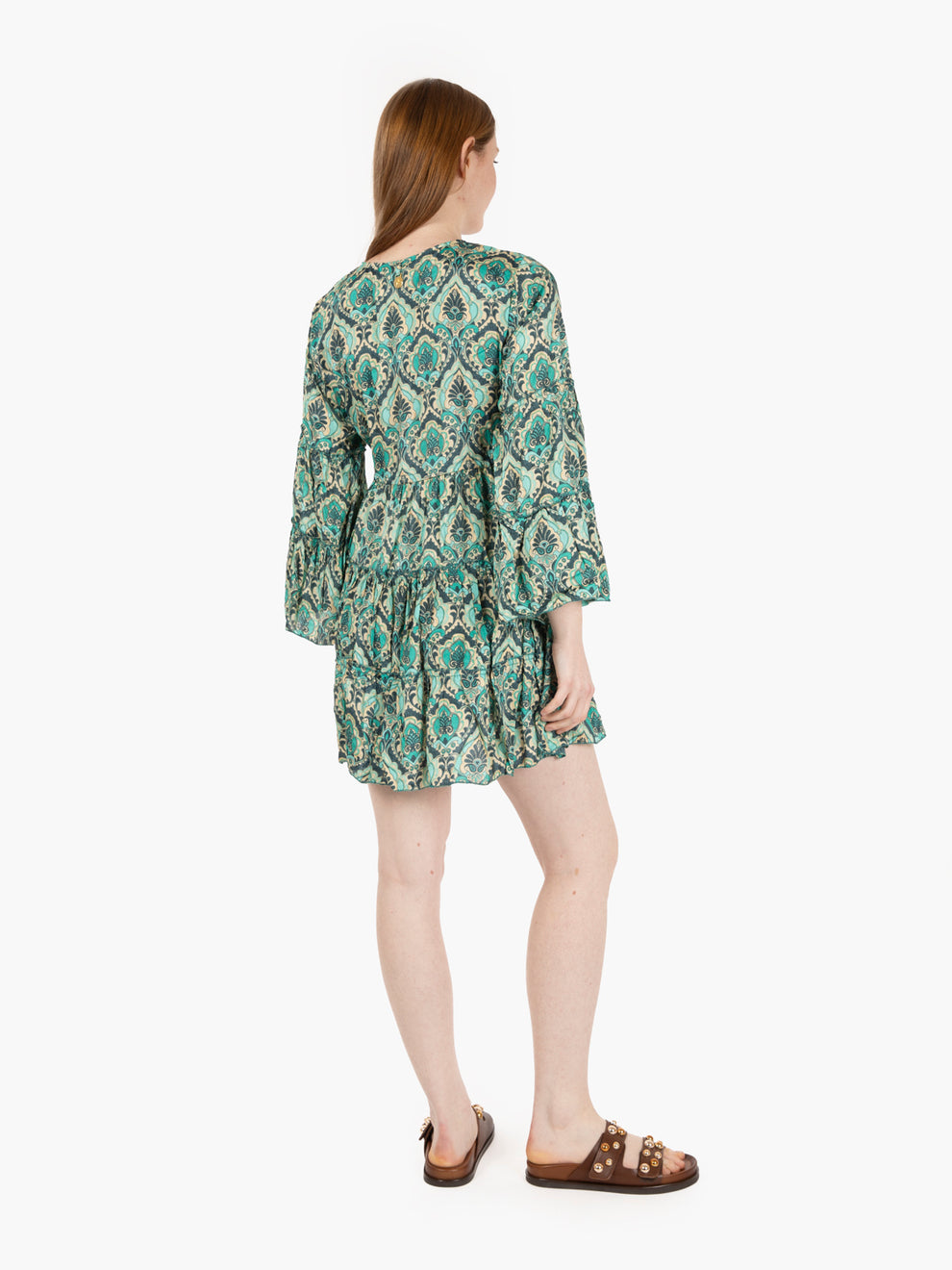 Short dress in green patterned silk