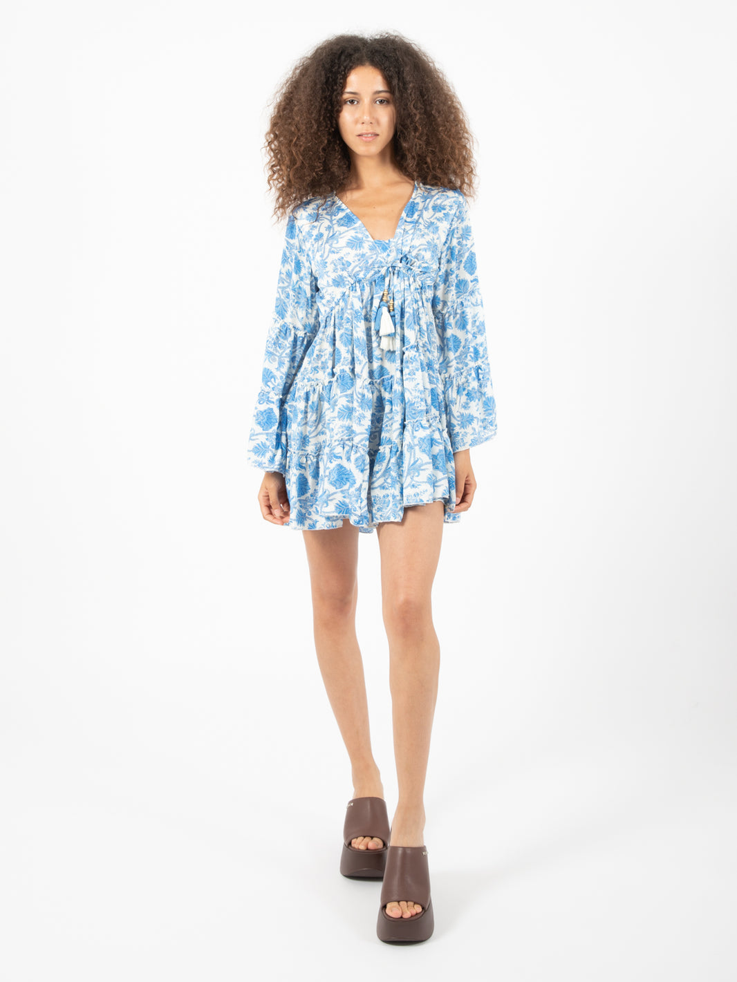 Blue/white floral print silk short dress