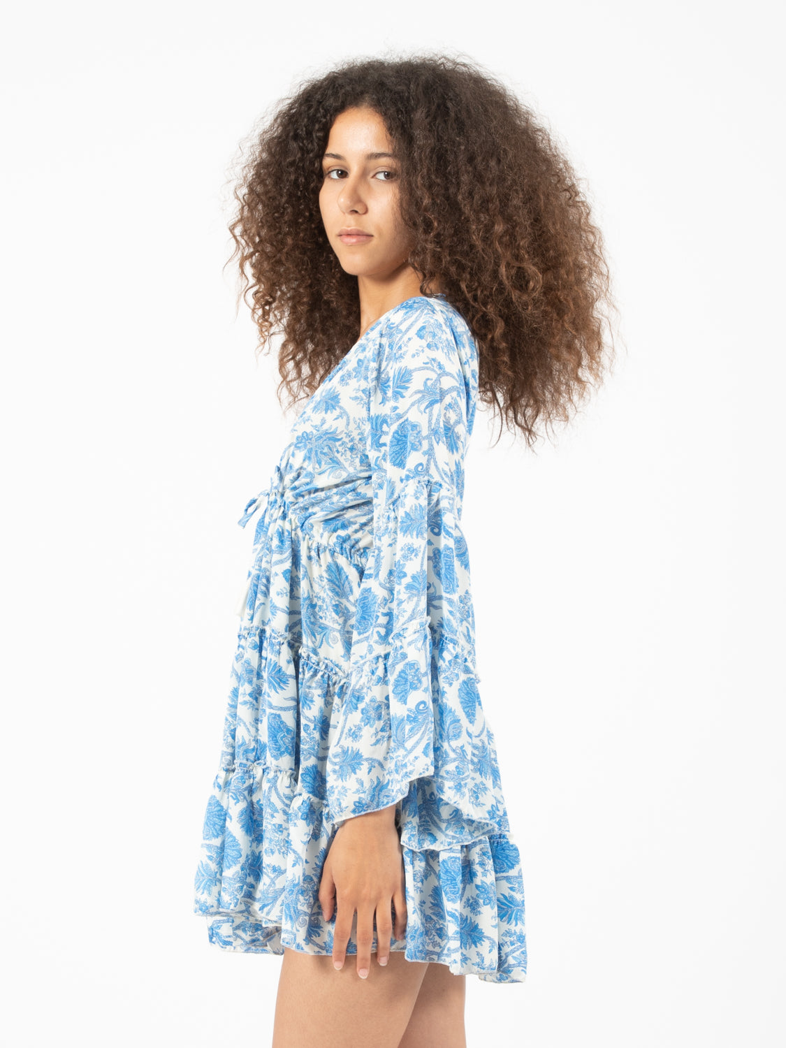 Blue/white floral print silk short dress