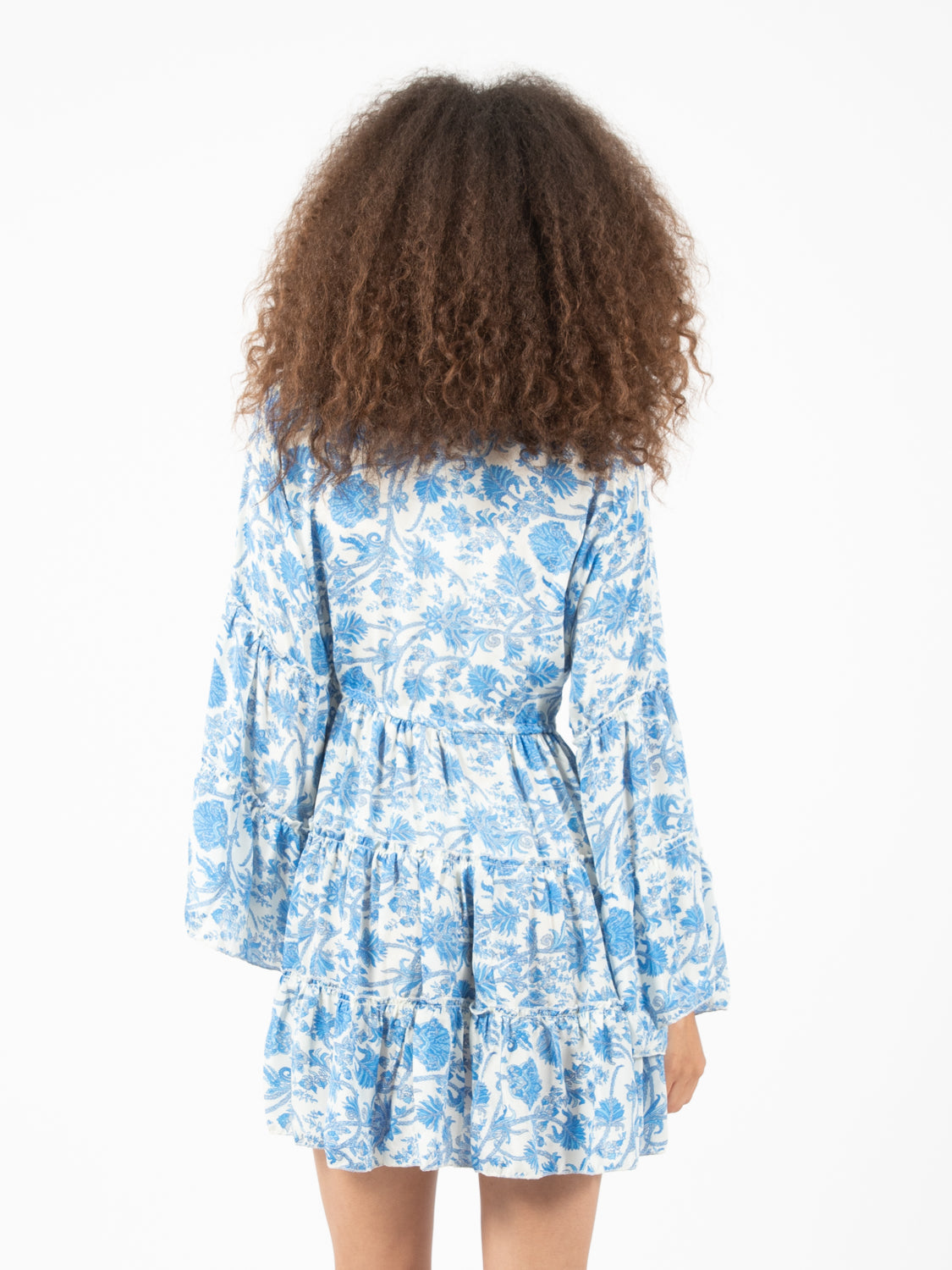 Blue/white floral print silk short dress