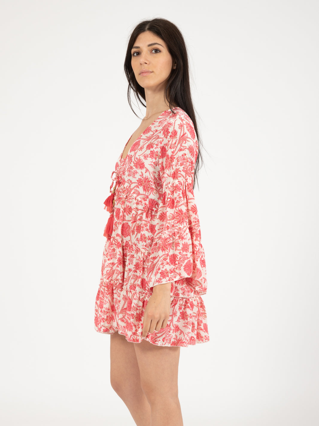 Short dress silk floral print fuchsia / white