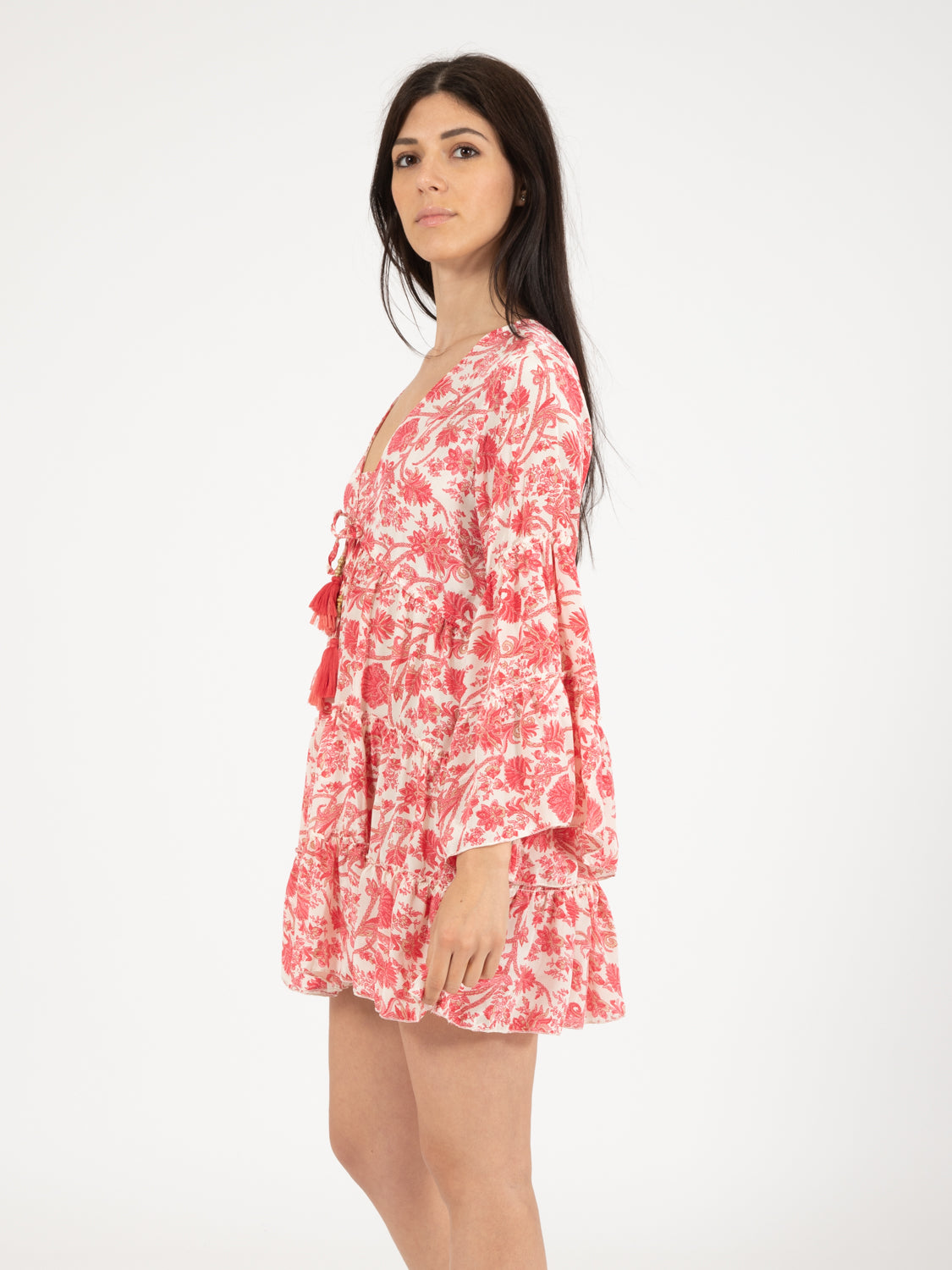 Short dress silk floral print fuchsia / white