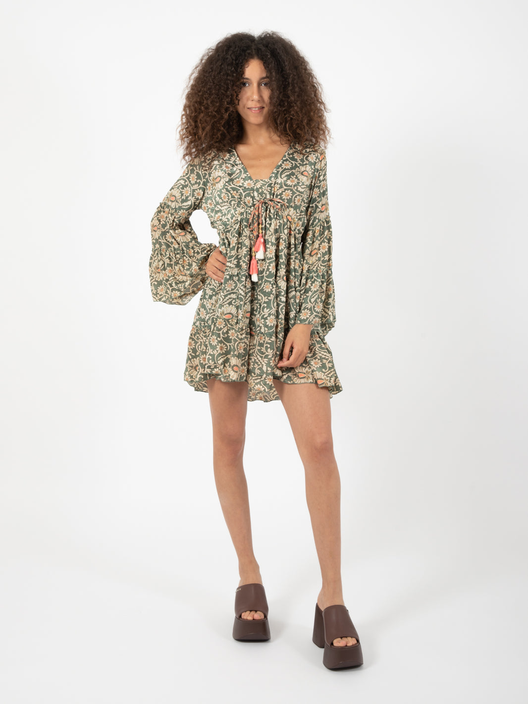 Green/multicolor floral print silk short dress
