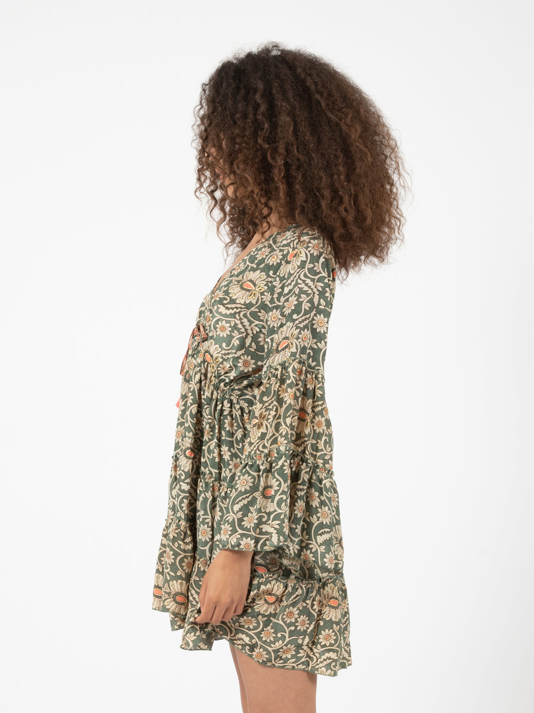 Green/multicolor floral print silk short dress